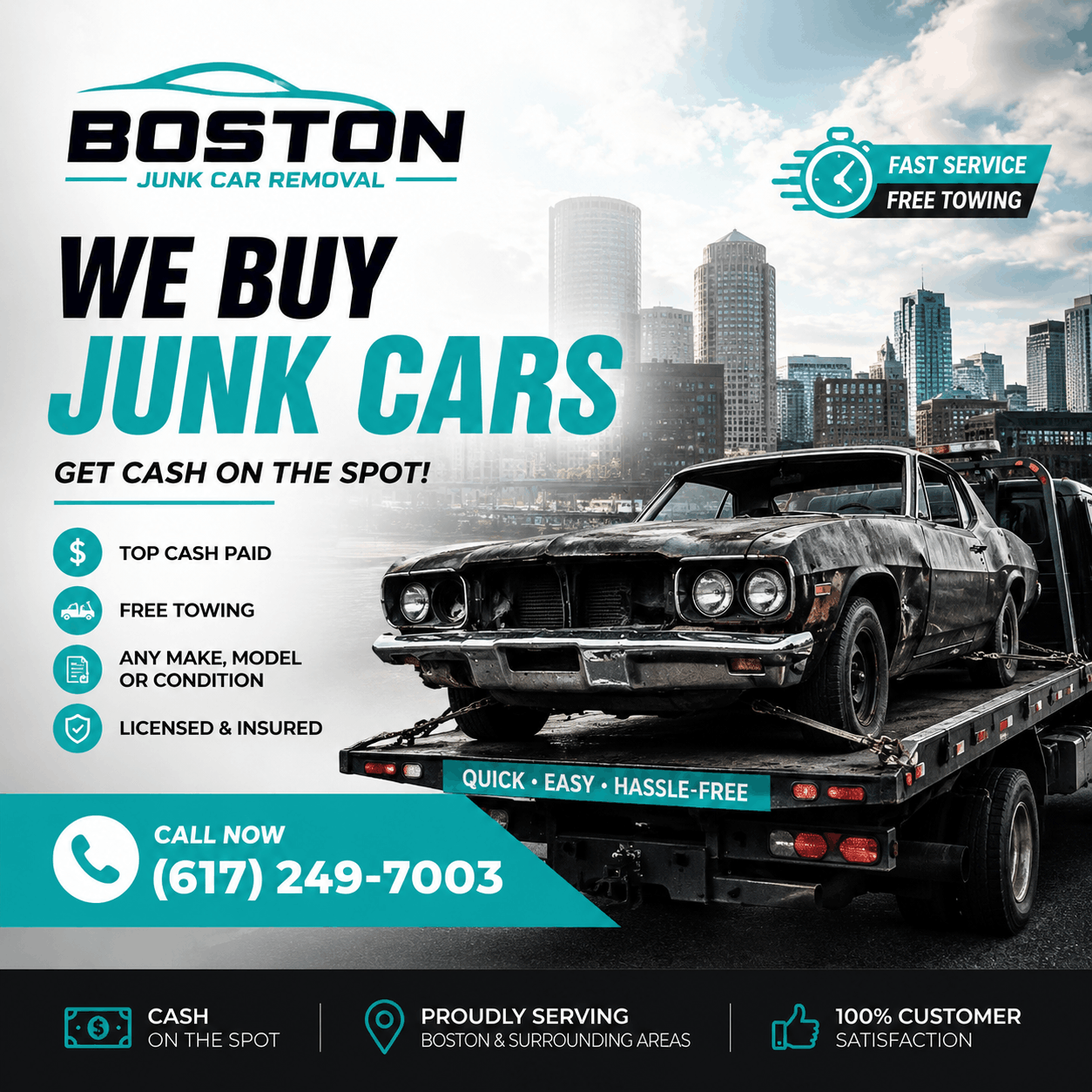 Tow truck removing a junk car in Boston MA